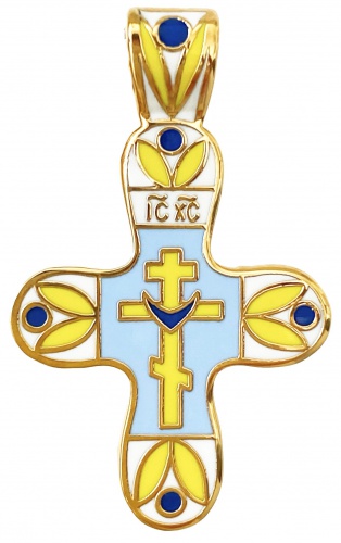 Православный двусторонний нательный крест "Голгофа" желто-голубой КНЧ-0605