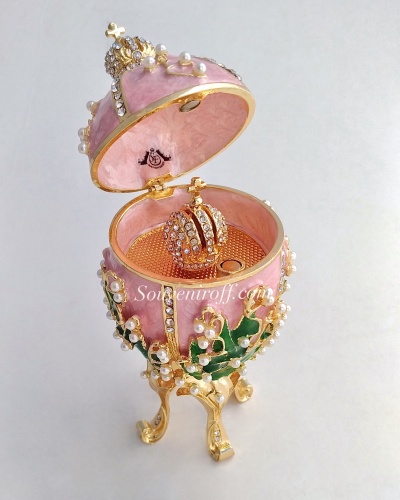 Музыкальное яйцо-шкатулка Фаберже среднее "Ландыши с короной"розовое  PC 1409 фото 2