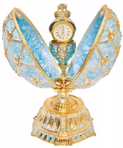 Яйцо-шкатулка Фаберже "Часы в Короне" большое с гербом Н18-01 голубое