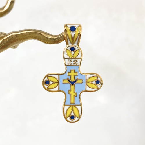 Православный двусторонний нательный крест "Голгофа" желто-голубой КНЧ-0605 фото 3