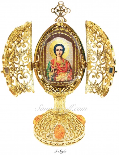 Пасхальное Яйцо-шкатулка с Яйцом "Святой Пантелеимон" и Янтарем РС-0739