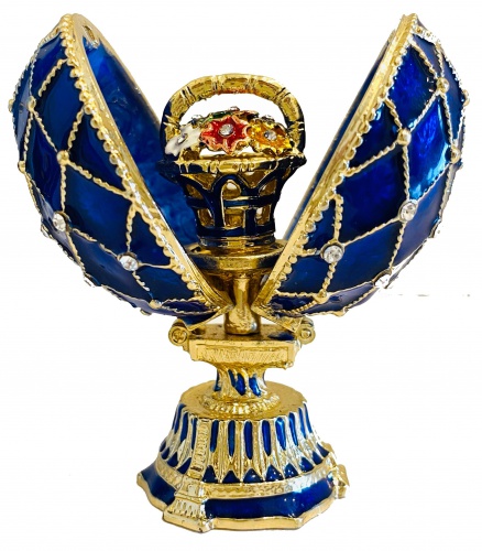 Яйцо-шкатулка Фаберже с сюрпризом  "Корзинка Цветов" малое синее Е09-8B-11