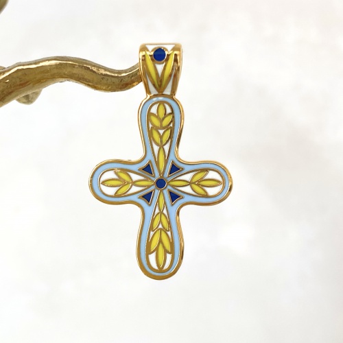 Православный двусторонний нательный крест "Голгофа" желто-голубой КНЧ-0605 фото 4