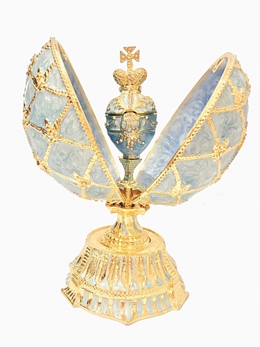 Яйцо-шкатулка Фаберже "Часы в Короне" большое с гербом Н18-01 голубое фото 3