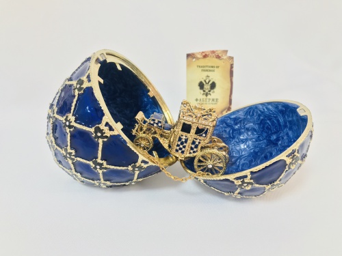 Яйцо Фаберже большое "Коронационное" с каретой РС-1202-11 синее фото 6